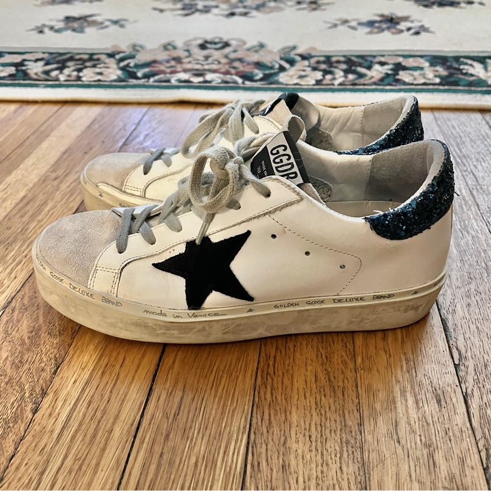 Golden Goose Hi Star Blue Glitter Black Star White Sneakers 38